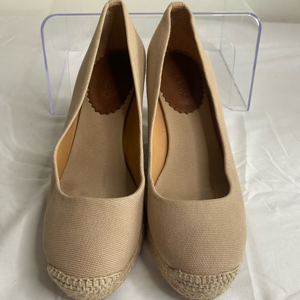 J Crew Seville Womens Tan Espadrille Canvas Wedges Heels Size 6 1/2